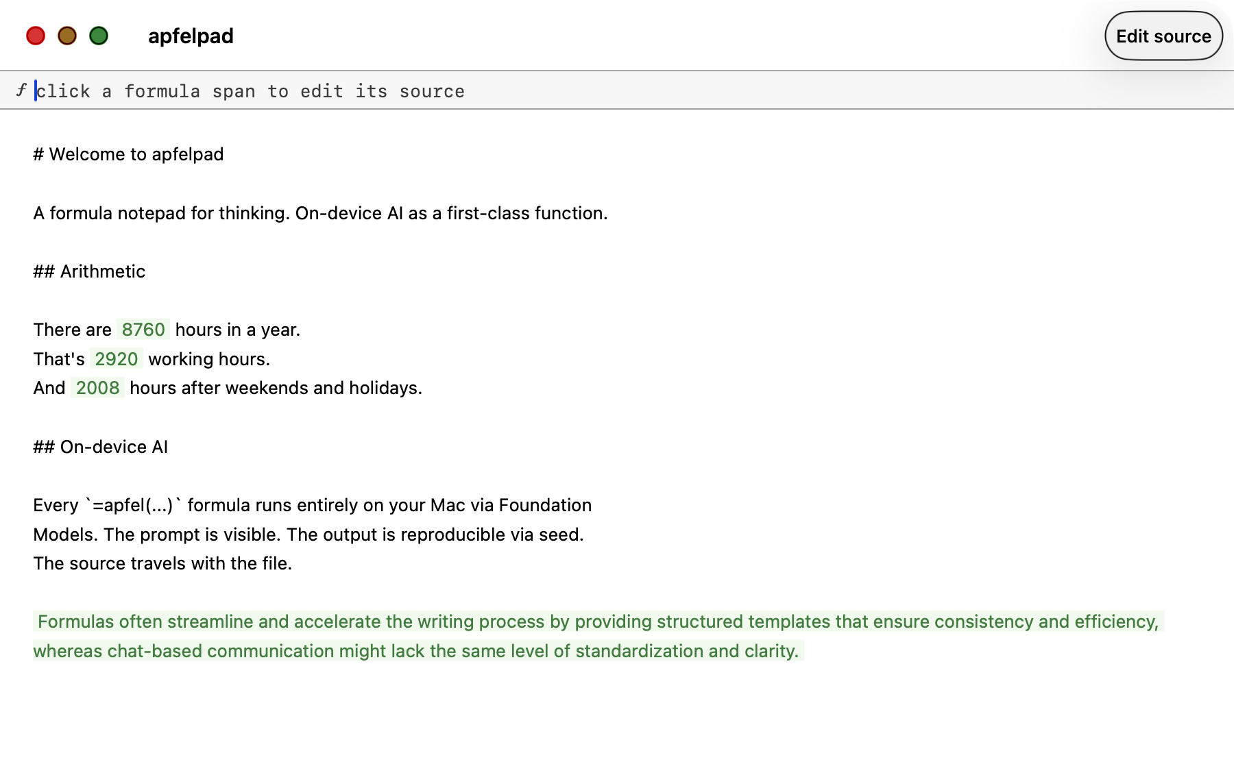apfelpad showing a =math formula rendered inline in a pale-green span